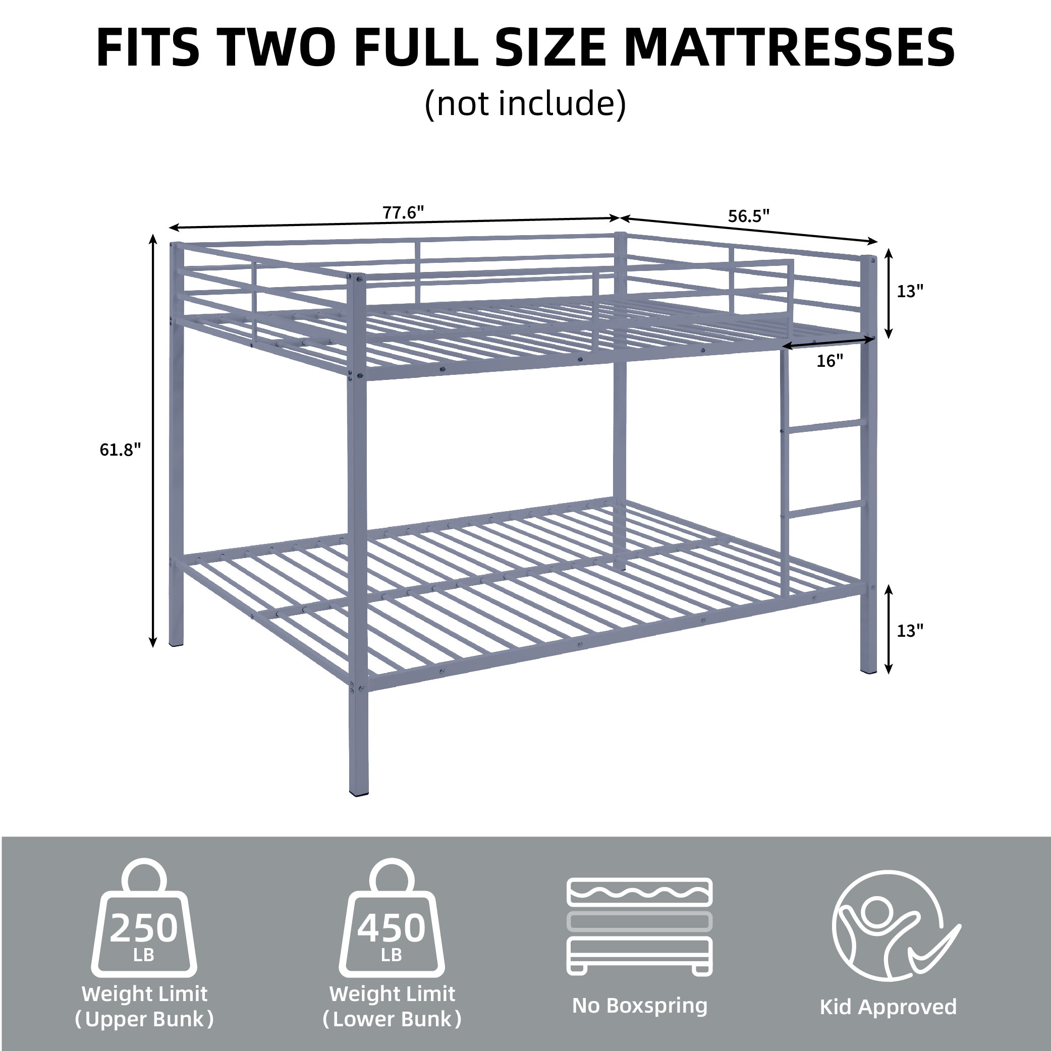 Full Over Full Bunk Bed, Heavy Duty Metal Bunk Bed Frame with Built-in Ladder and Safety Guard Rail, Low Metal Bunk Bed Frame for Kids, No Boxspring Required, For Small Spaces,Gray Full Over Full Bunk Bed, Heavy Duty Metal Bunk Bed Frame with Built-in Ladder and Safety Guard Rail, Low Metal Bunk Bed Frame for Kids, No Boxspring Required, For Small Spaces,Gray